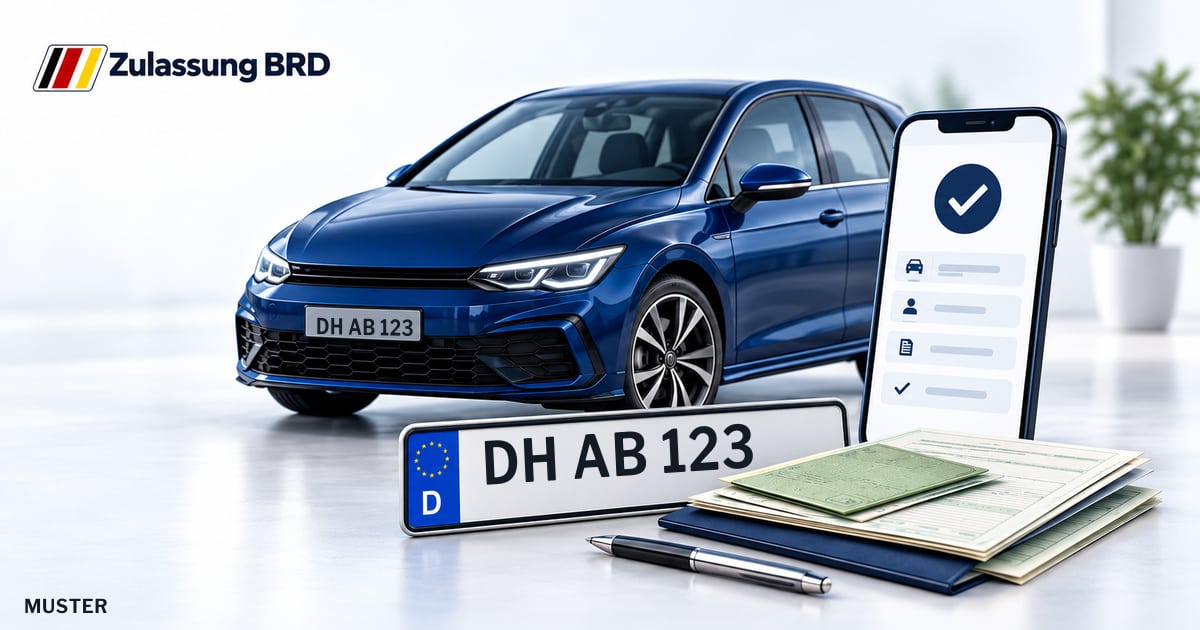Online Fahrzeugzulassung in Landkreis Diepholz: Musterkennzeichen DH AB 123, Auto und Fahrzeugpapiere und Smartphone. Illustration mit Logo von Zulassung BRD.